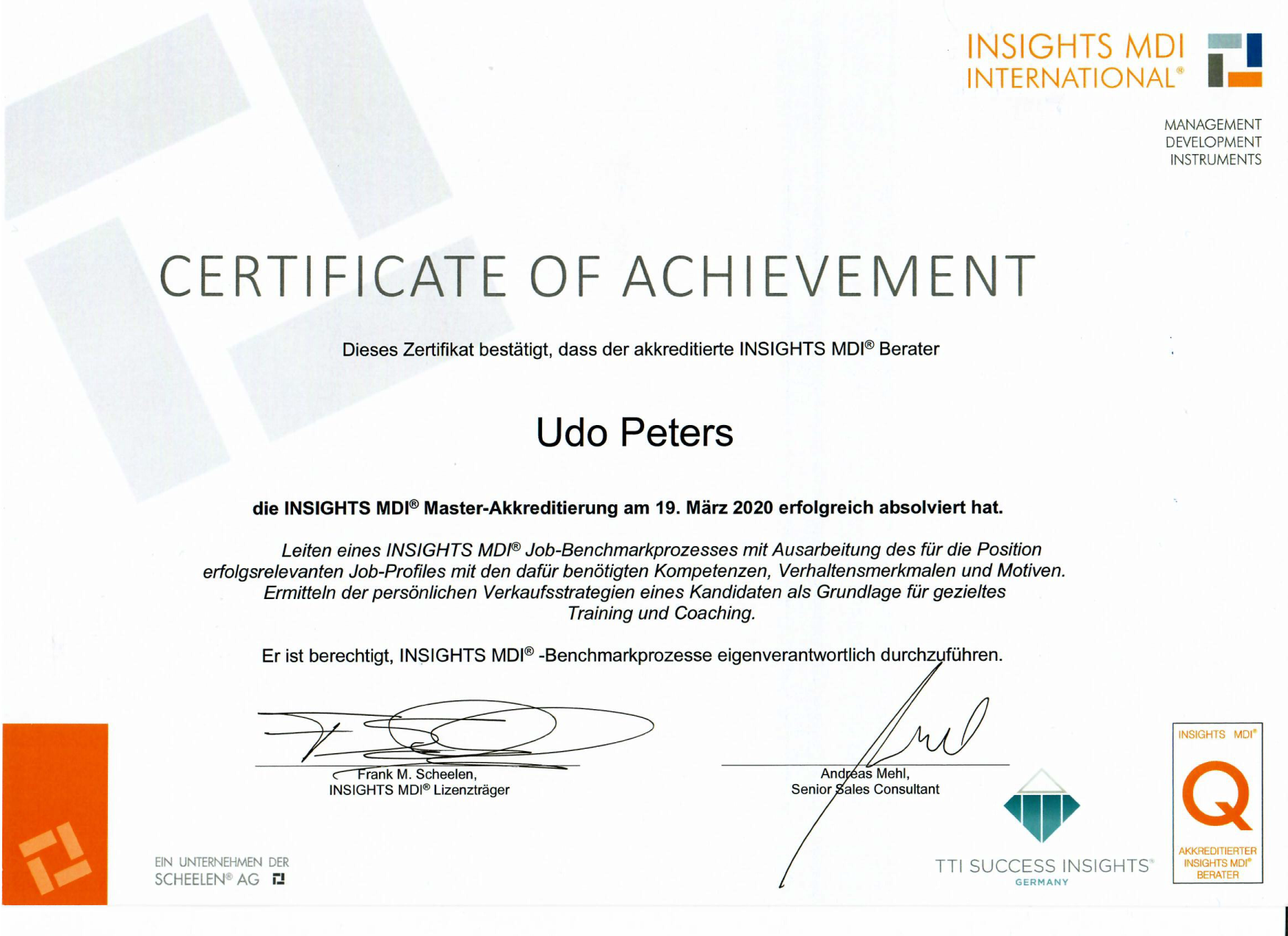 Master-Zertifikat Udo Peters